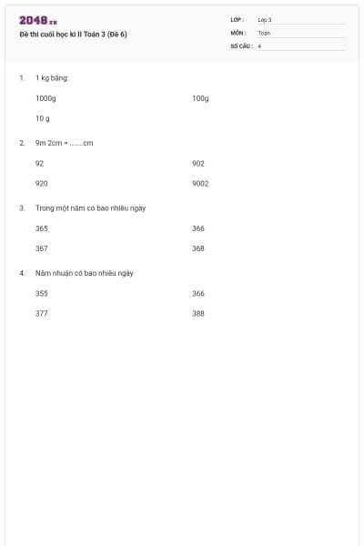 Đề thi cuối học kì II Toán 3 (Đề 6)