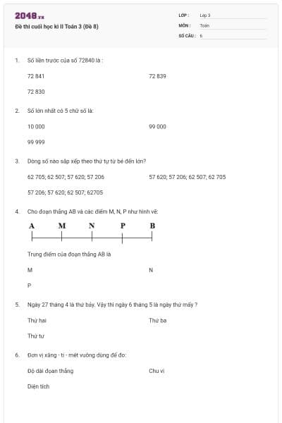 Đề thi cuối học kì II Toán 3 (Đề 8)