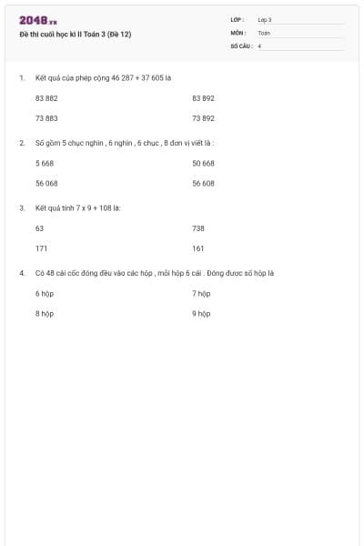 Đề thi cuối học kì II Toán 3 (Đề 12)