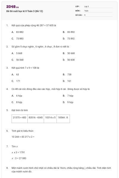 Đề thi cuối học kì II Toán 3 (Đề 12)