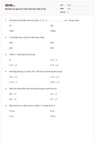 Bài kiểm tra giữa kì II môn Toán lớp 5 (Đề số 22)