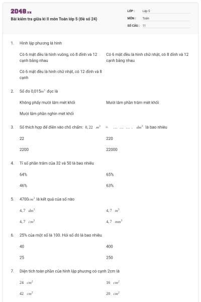 Bài kiểm tra giữa kì II môn Toán lớp 5 (Đề số 24)