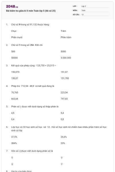 Bài kiểm tra giữa kì II môn Toán lớp 5 (Đề số 25)