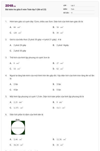 Bài kiểm tra giữa II môn Toán lớp 5 (Đề số 23)