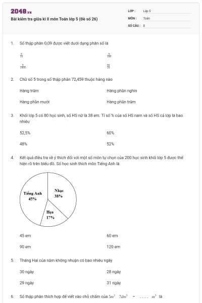 Bài kiểm tra giữa kì II môn Toán lớp 5 (Đề số 26)