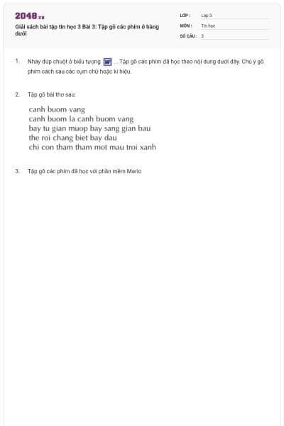 Giải sách bài tập tin học 3 Bài 3: Tập gõ các phím ở hàng dưới