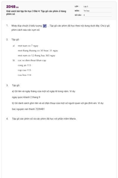 Giải sách bài tập tin học 3 Bài 4: Tập gõ các phím ở hàng phím số