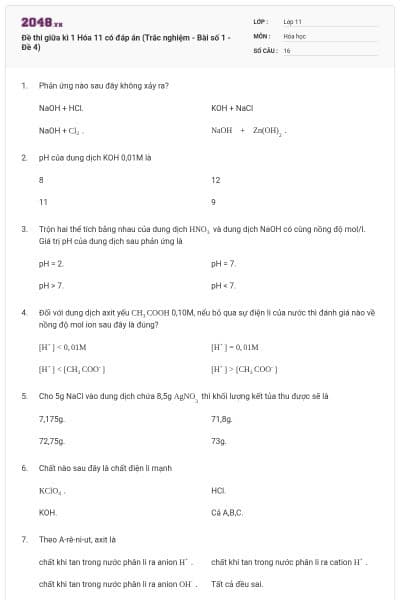 Đề thi giữa kì 1 Hóa 11 có đáp án (Trắc nghiệm - Bài số 1 - Đề 4)