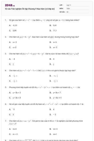 52 câu Trắc nghiệm Ôn tập Chương V-Đạo hàm (có đáp án)