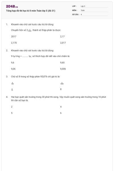 Tổng hợp đề thi học kì II môn Toán lớp 5 (đề 31)