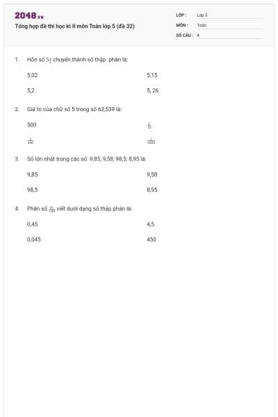 Tổng hợp đề thi học kì II môn Toán lớp 5 (đề 32)