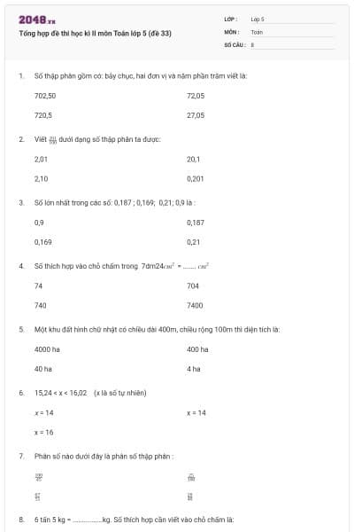 Tổng hợp đề thi học kì II môn Toán lớp 5 (đề 33)