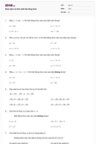 Khái niệm và tính chất bất đẳng thức