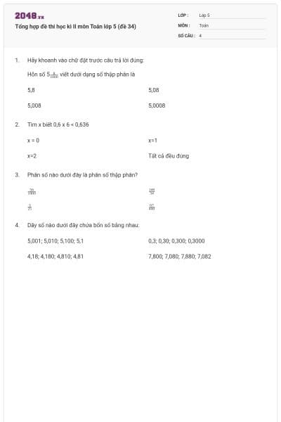 Tổng hợp đề thi học kì II môn Toán lớp 5 (đề 34)