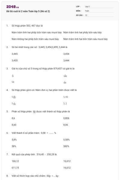 Đề thi cuối kì 2 môn Toán lớp 5 (Đề số 2)