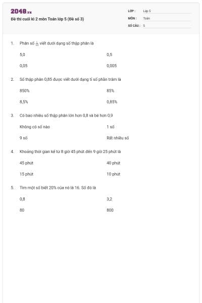 Đề thi cuối kì 2 môn Toán lớp 5 (Đề số 3)