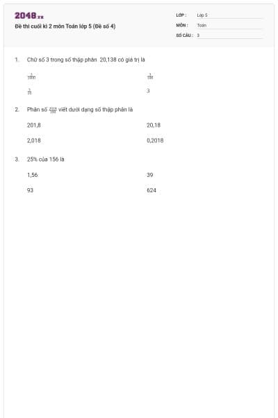 Đề thi cuối kì 2 môn Toán lớp 5 (Đề số 4)