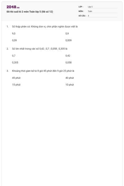 Đề thi cuối kì 2 môn Toán lớp 5 (Đề số 12)