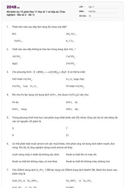 Đề kiểm tra 15 phút Hóa 11 Học kì 1 có đáp án (Trắc nghiệm - Bài số 2 - Đề 1)
