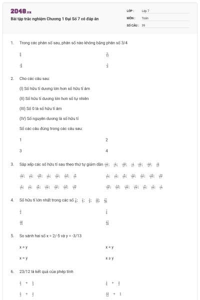 Bài tập trắc nghiệm Chương 1 Đại Số 7 có đáp án