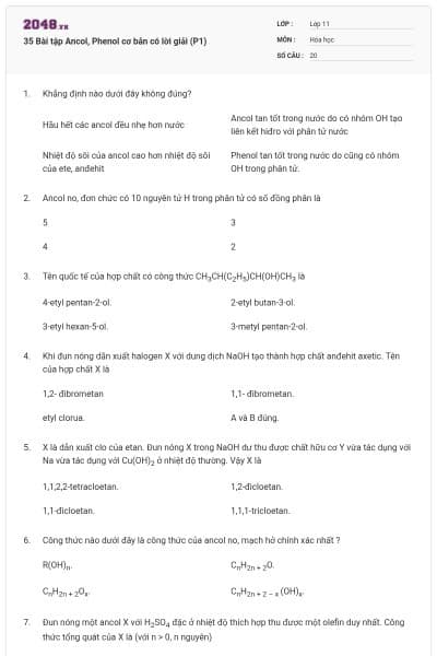 35 Bài tập Ancol, Phenol cơ bản có lời giải (P1)