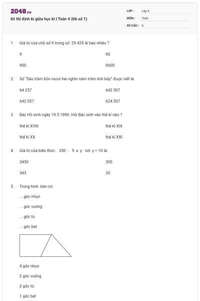 Đề thi định kì giữa học kì I Toán 4 (Đề số 1)