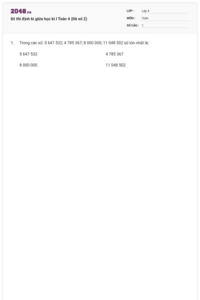 Đề thi định kì giữa học kì I Toán 4 (Đề số 2)