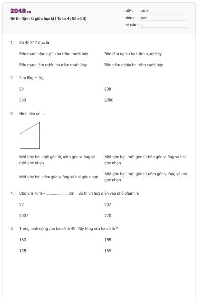 Đề thi định kì giữa học kì I Toán 4 (Đề số 3)
