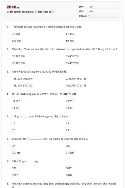 Đề thi định kì giữa học kì I Toán 4 (Đề số 4)