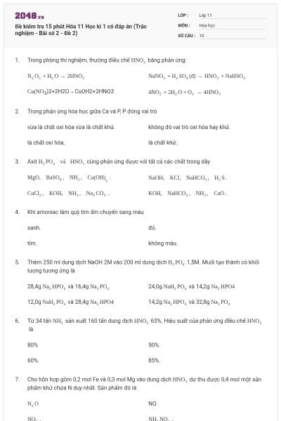 Đề kiểm tra 15 phút Hóa 11 Học kì 1 có đáp án (Trắc nghiệm - Bài số 2 - Đề 2)