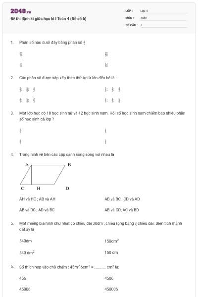 Đề thi định kì giữa học kì I Toán 4 (Đề số 6)