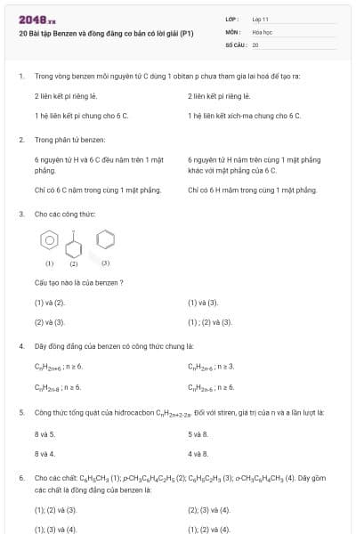 20 Bài tập Benzen và đồng đằng cơ bản có lời giải (P1)