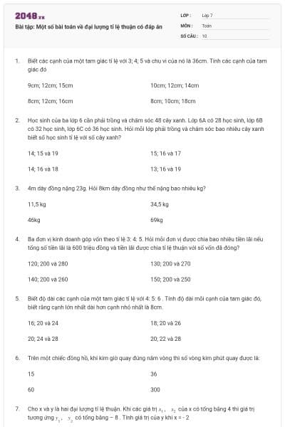 Bài tập: Một số bài toán về đại lượng tỉ lệ thuận có đáp án
