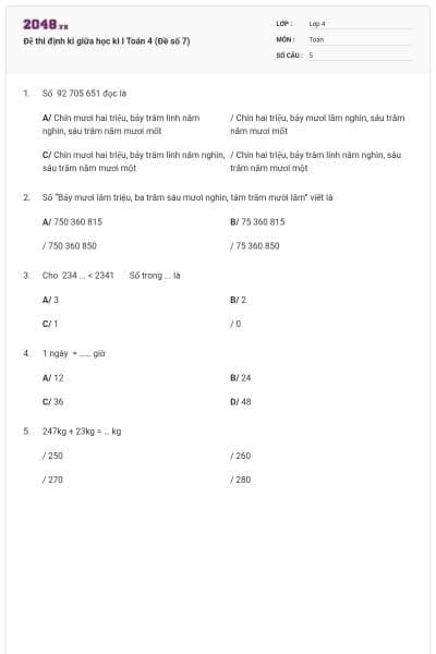 Đề thi định kì giữa học kì I Toán 4 (Đề số 7)