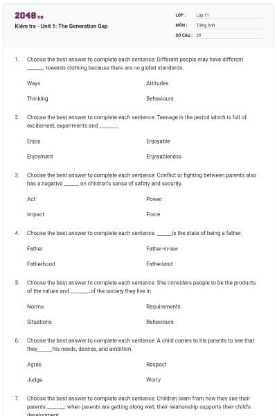 Kiểm tra - Unit 1: The Generation Gap
