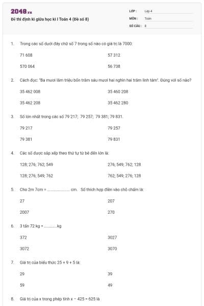 Đề thi định kì giữa học kì I Toán 4 (Đề số 8)
