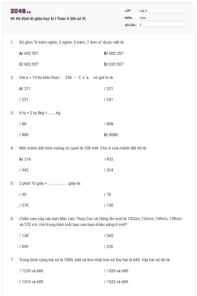 Đề thi định kì giữa học kì I Toán 4 (Đề số 9)