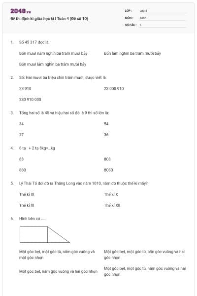Đề thi định kì giữa học kì I Toán 4 (Đề số 10)