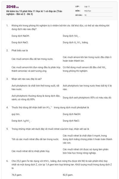 Đề kiểm tra 15 phút Hóa 11 Học kì 1 có đáp án (Trắc nghiệm - Bài số 2 - Đề 3)
