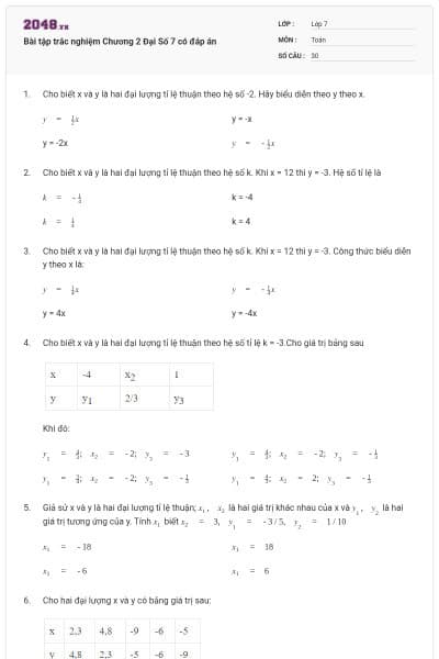 Bài tập trắc nghiệm Chương 2 Đại Số 7 có đáp án