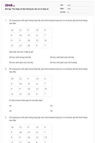 Bài tập: Thu thập số liệu thống kê, tần số có đáp án