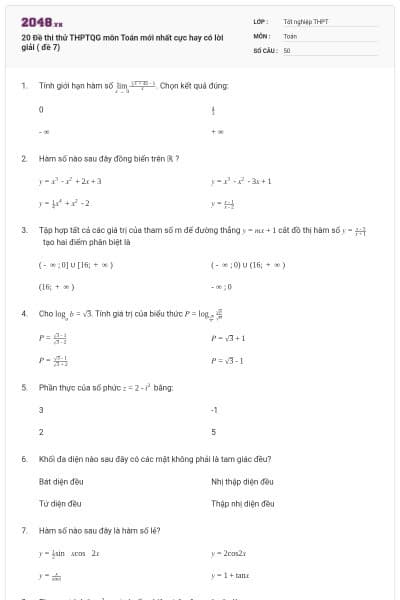 20 Đề thi thử THPTQG môn Toán mới nhất cực hay có lời giải ( đề 7)