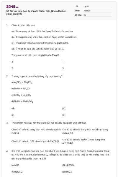 50 Bài tập tổng hợp Sự điện li, Nhóm Nito, Nhóm Cacbon có lời giải (P2)