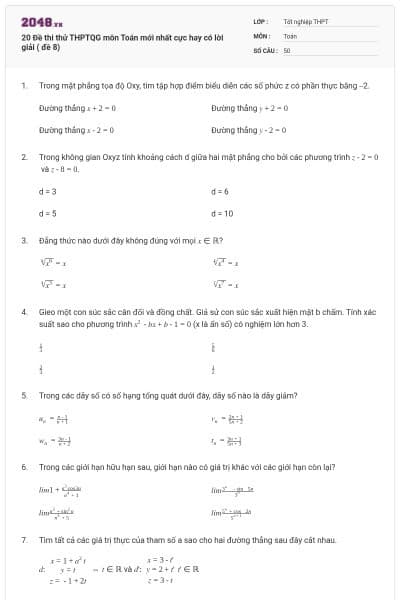 20 Đề thi thử THPTQG môn Toán mới nhất cực hay có lời giải ( đề 8)
