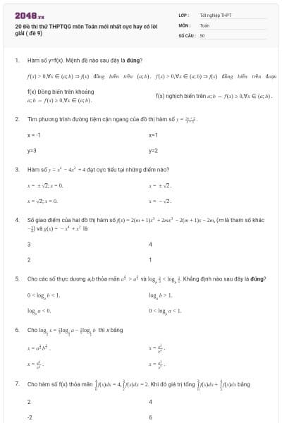 20 Đề thi thử THPTQG môn Toán mới nhất cực hay có lời giải ( đề 9)