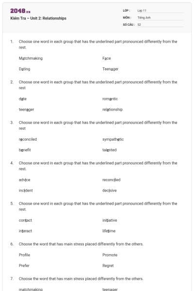 Kiểm Tra – Unit 2: Relationships
