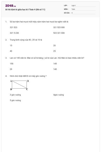 Đề thi định kì giữa học kì I Toán 4 (Đề số 11)