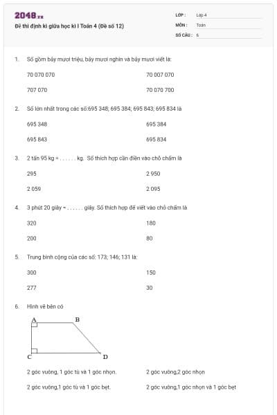 Đề thi định kì giữa học kì I Toán 4 (Đề số 12)