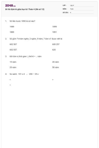 Đề thi định kì giữa học kì I Toán 4 (Đề số 13)