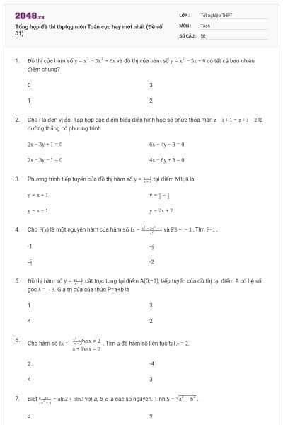 Tổng hợp đề thi thptqg môn Toán cực hay mới nhất (Đề số 01)